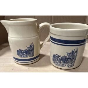 VTG Roseville Friendship Pottery Blue-Stripe Stoneware Pitcher 64oz & 1 Qt Crock